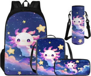 Cartoon Axolotl School Backpack Set for Girls Ages 7-10, Art Backpack Set for Girls Back to School Pencil Case Lunch Box Water Bottle Holder for Camping Picnic