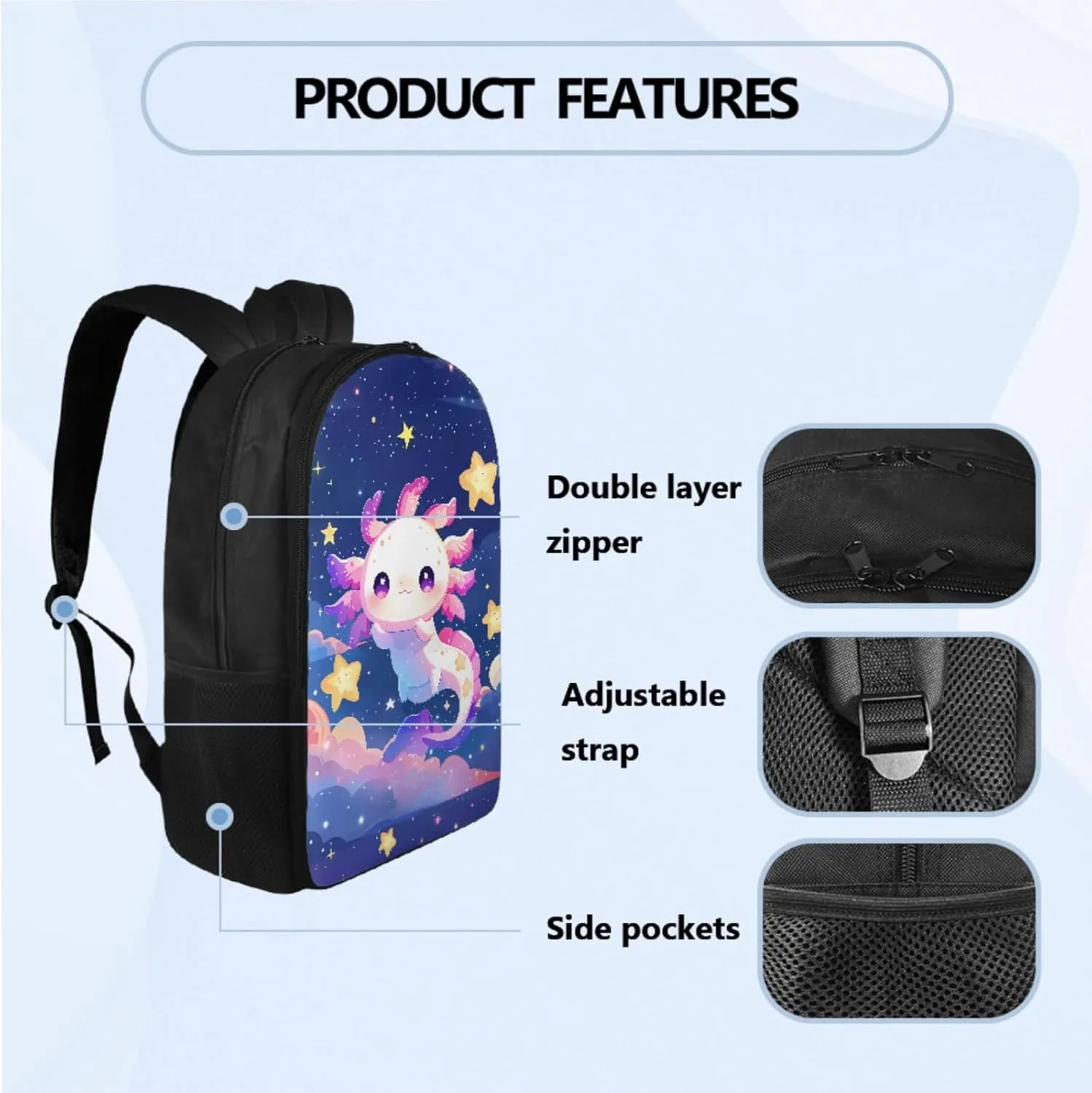 Cartoon Axolotl School Backpack Set for Girls Ages 7-10, Art Backpack Set for Girls Back to School Pencil Case Lunch Box Water Bottle Holder for Camping Picnic