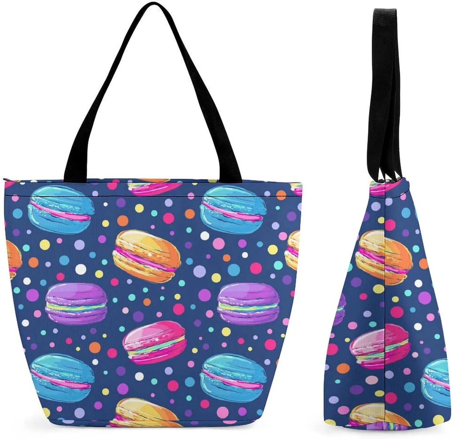 Cartoon Style of MacaronsWomen's Zippered Casual Tote Bag Reusable Large Capacity Shoulder Bag with Pocket