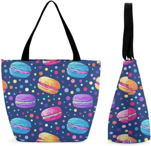 Cartoon Style of MacaronsWomen's Zippered Casual Tote Bag Reusable Large Capacity Shoulder Bag with Pocket