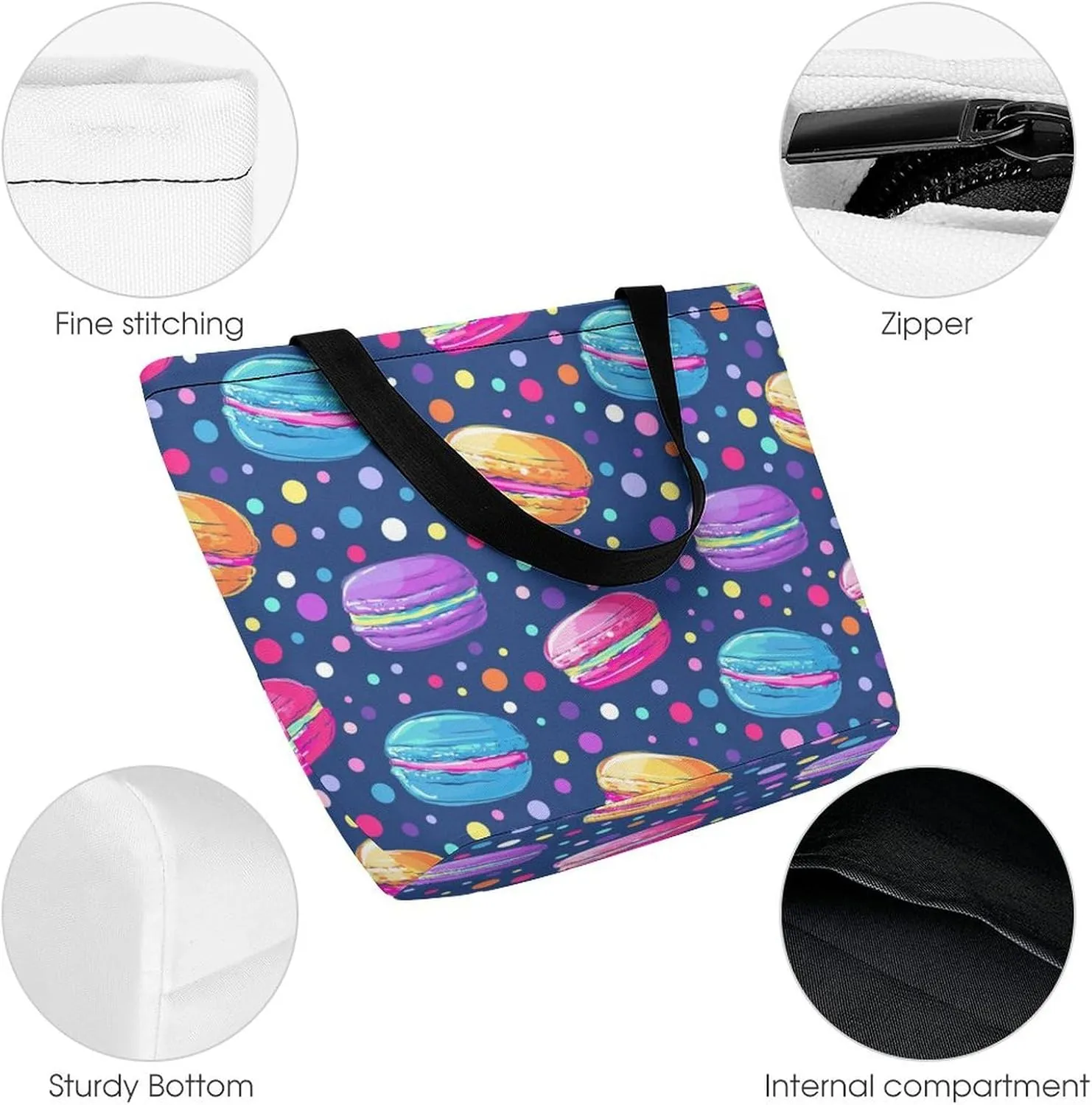 Cartoon Style of MacaronsWomen's Zippered Casual Tote Bag Reusable Large Capacity Shoulder Bag with Pocket