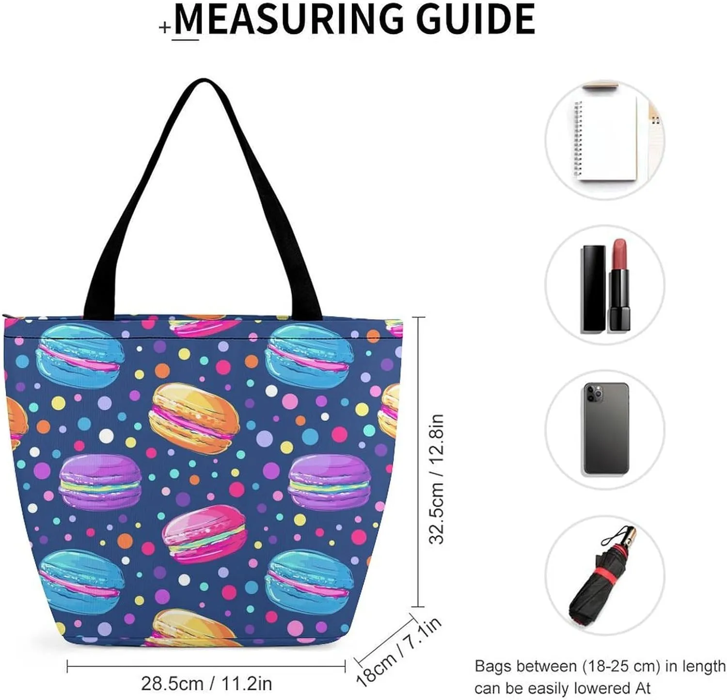 Cartoon Style of MacaronsWomen's Zippered Casual Tote Bag Reusable Large Capacity Shoulder Bag with Pocket