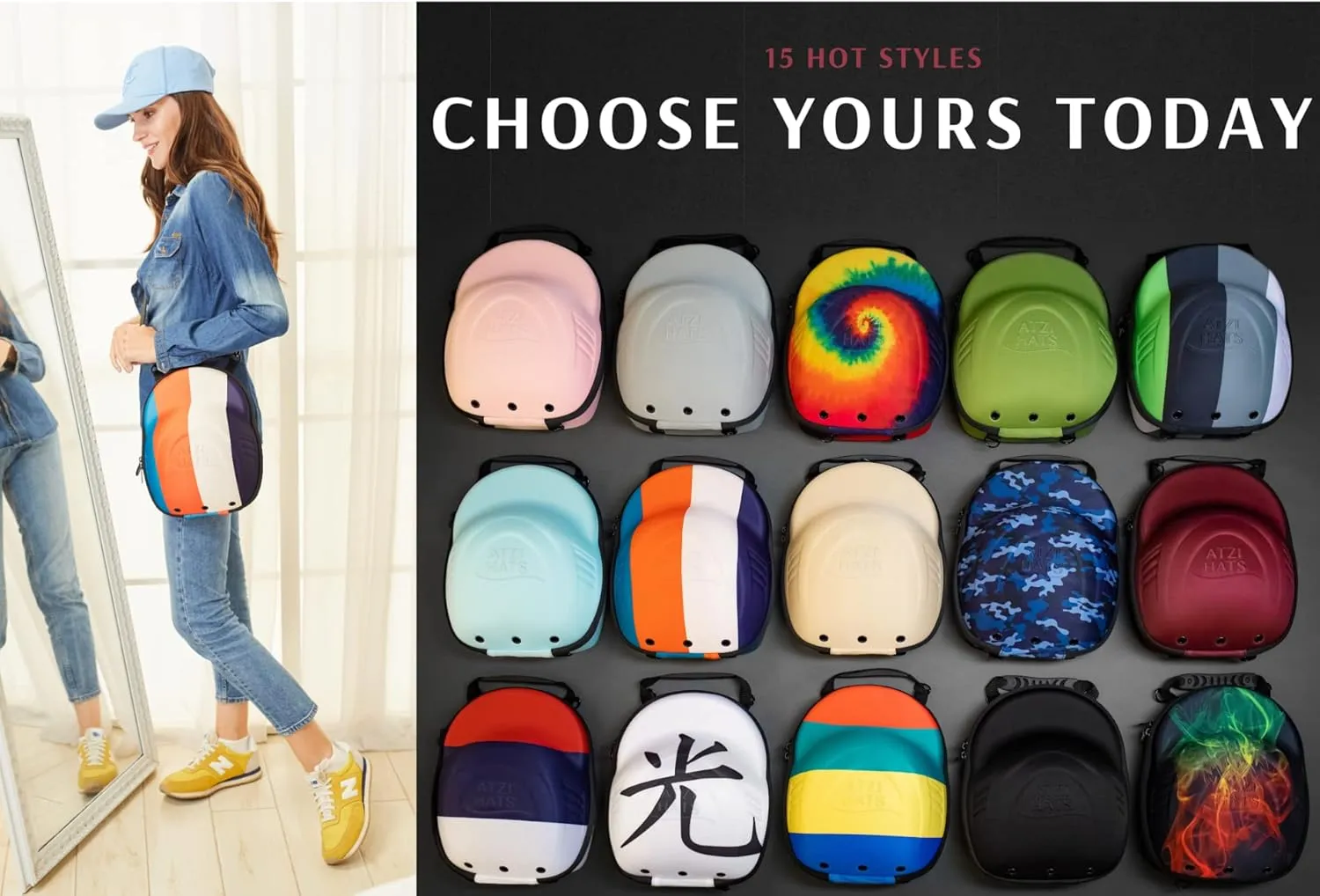 Case for Baseball Caps Hard Travel Hat Case Cap Carrier Hats Storage Box Shoulder Strap Carabiner Fits 6 Hats