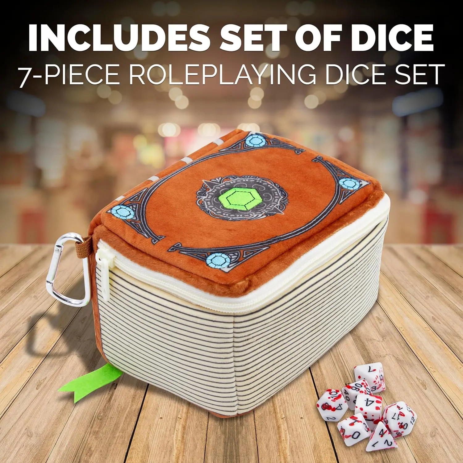CASEMATIX Mimic Spell Book Dice Case with 7 Included RPG Dice - 7" Mimic Tome Dice Bag with Zipper Closure and Carabiner for 250 Dice, Protective Novelty Dice Holder for Tabletop Dice