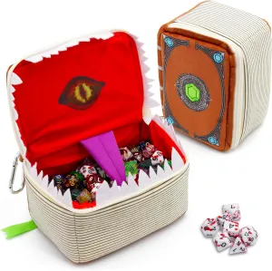 CASEMATIX Mimic Spell Book Dice Case with 7 Included RPG Dice - 7" Mimic Tome Dice Bag with Zipper Closure and Carabiner for 250 Dice, Protective Novelty Dice Holder for Tabletop Dice