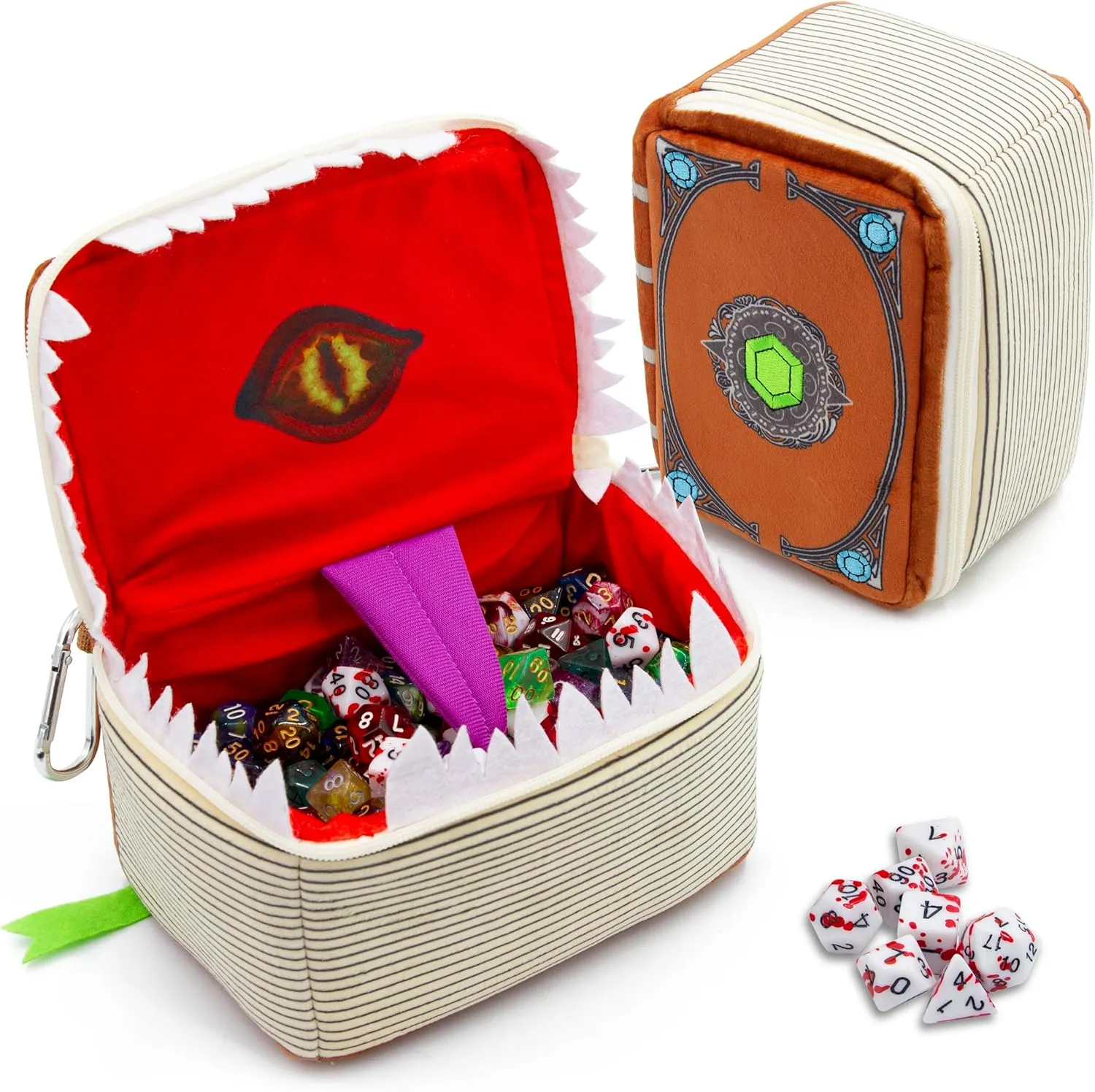 CASEMATIX Mimic Spell Book Dice Case with 7 Included RPG Dice - 7" Mimic Tome Dice Bag with Zipper Closure and Carabiner for 250 Dice, Protective Novelty Dice Holder for Tabletop Dice