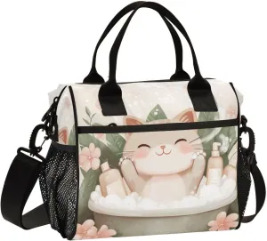 Cat Flower Bath Insulated Lunch Bag Reusable Lunch Box for Men Women Leakproof Cooler Tote Bag with Adjustable Shoulder Strap Zipper Cooler for Camping Travel Work Office Picnic