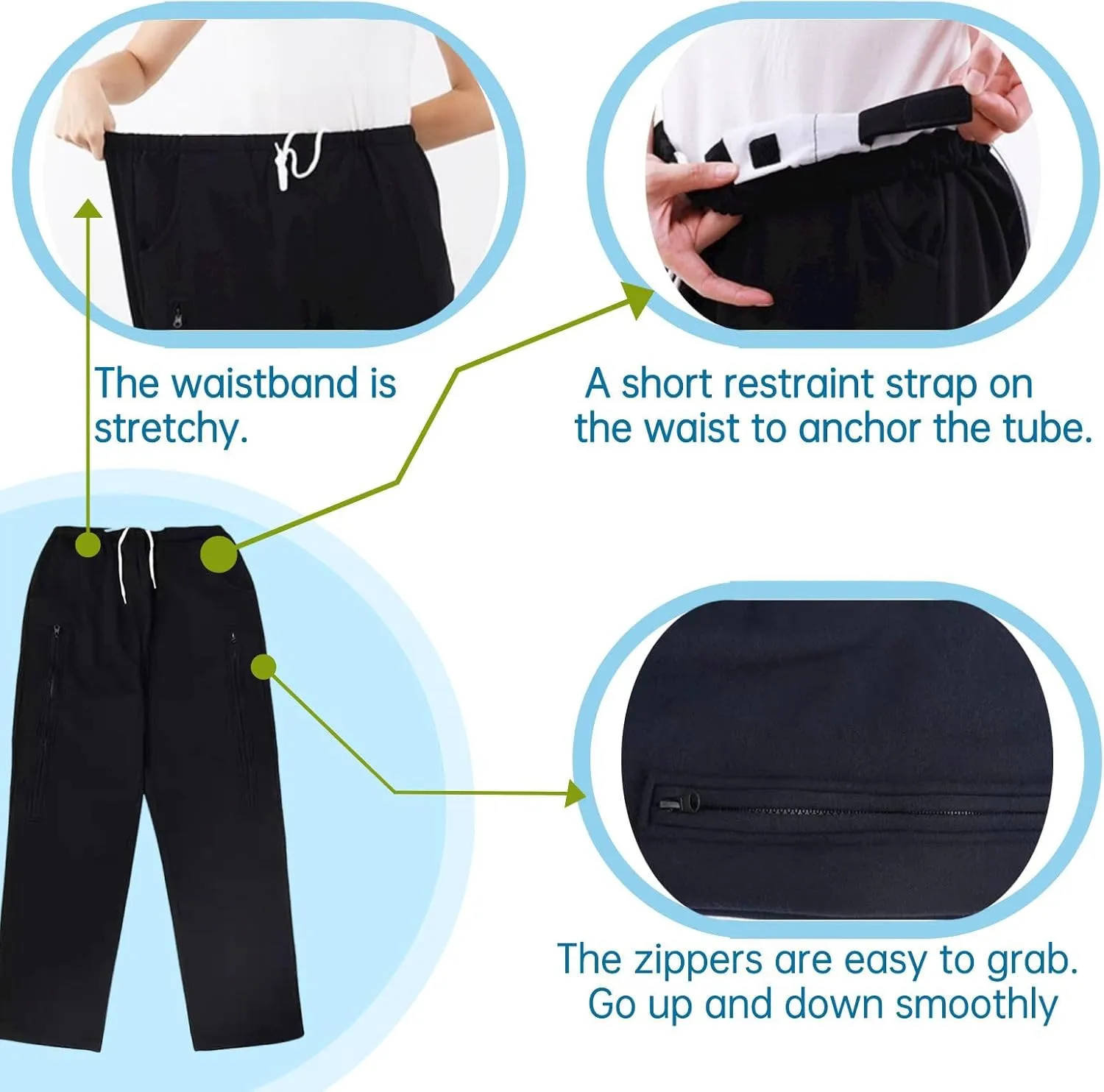 Catheter Leg Bag Pants for Men/Women, Urine Bag Holder Pants with 2 Zippered Side Pockets, Holding 2x2000ml Catheter Bag for Nephrostomy, Foley, Cystostomy, Enterostomy, Urostomy Patients (L, Black)