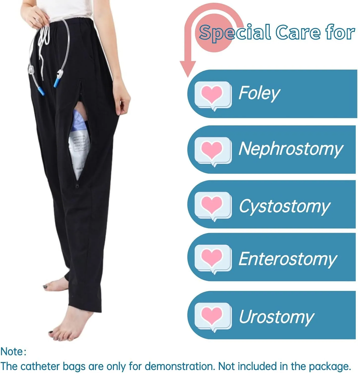 Catheter Leg Bag Pants for Men/Women, Urine Bag Holder Pants with 2 Zippered Side Pockets, Holding 2x2000ml Catheter Bag for Nephrostomy, Foley, Cystostomy, Enterostomy, Urostomy Patients (L, Black)