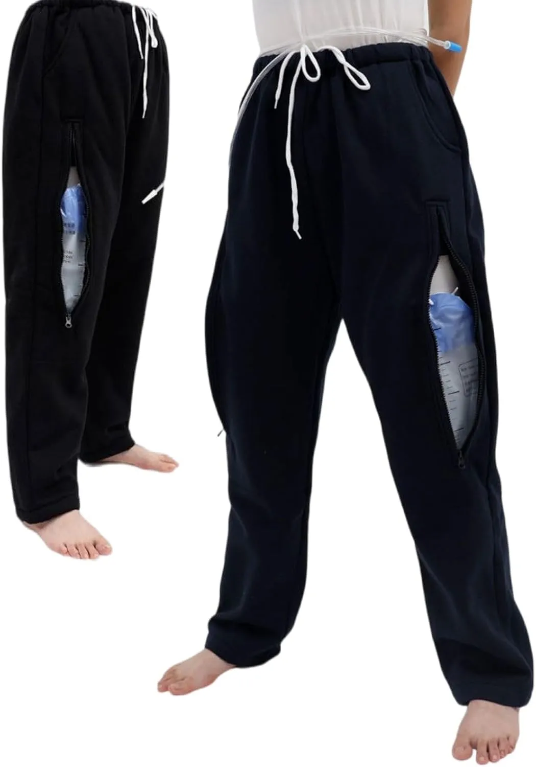 Catheter Leg Bag Pants for Men/Women, Urine Bag Holder Pants with 2 Zippered Side Pockets, Holding 2x2000ml Catheter Bag for Nephrostomy, Foley, Cystostomy, Enterostomy, Urostomy Patients (L, Black)