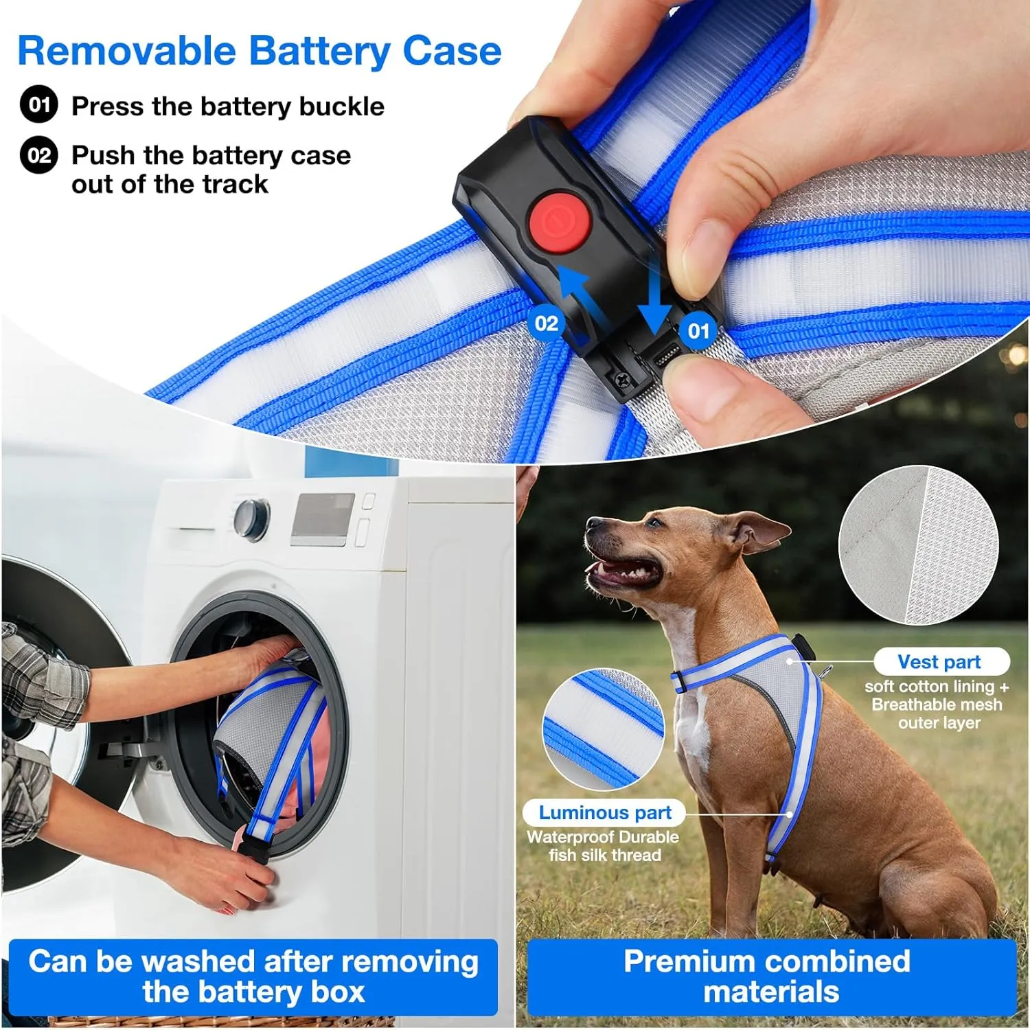 ChalkLit Light Up Dog Harness, No Pull Led Dog Harness Glow-in-The-Dark for Night Walking, USB Rechargeable Lighted Safety Vest for Medium Large Dogs, Adjustable Soft Mesh Fully Illuminated (Blue, XL)