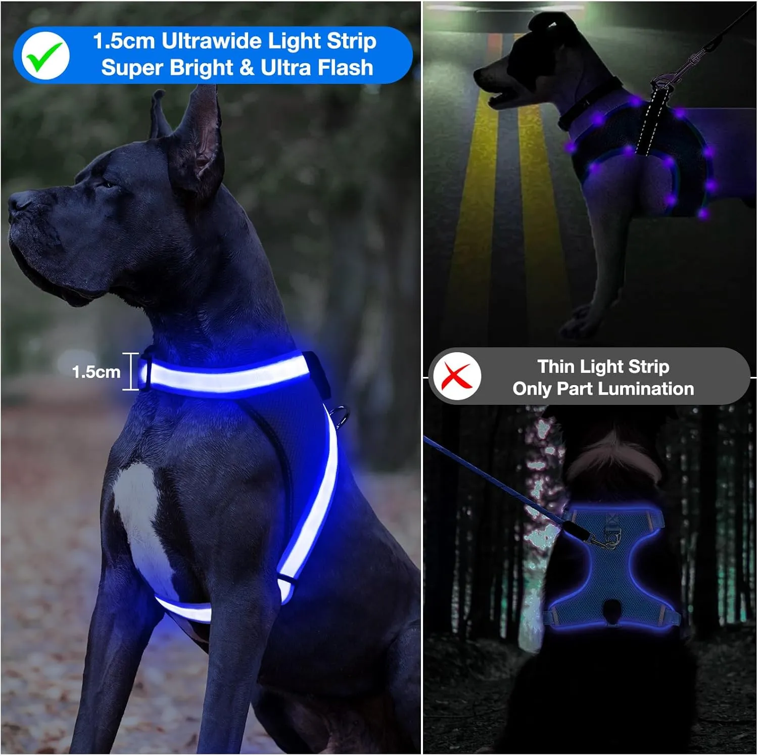 ChalkLit Light Up Dog Harness, No Pull Led Dog Harness Glow-in-The-Dark for Night Walking, USB Rechargeable Lighted Safety Vest for Medium Large Dogs, Adjustable Soft Mesh Fully Illuminated (Blue, XL)