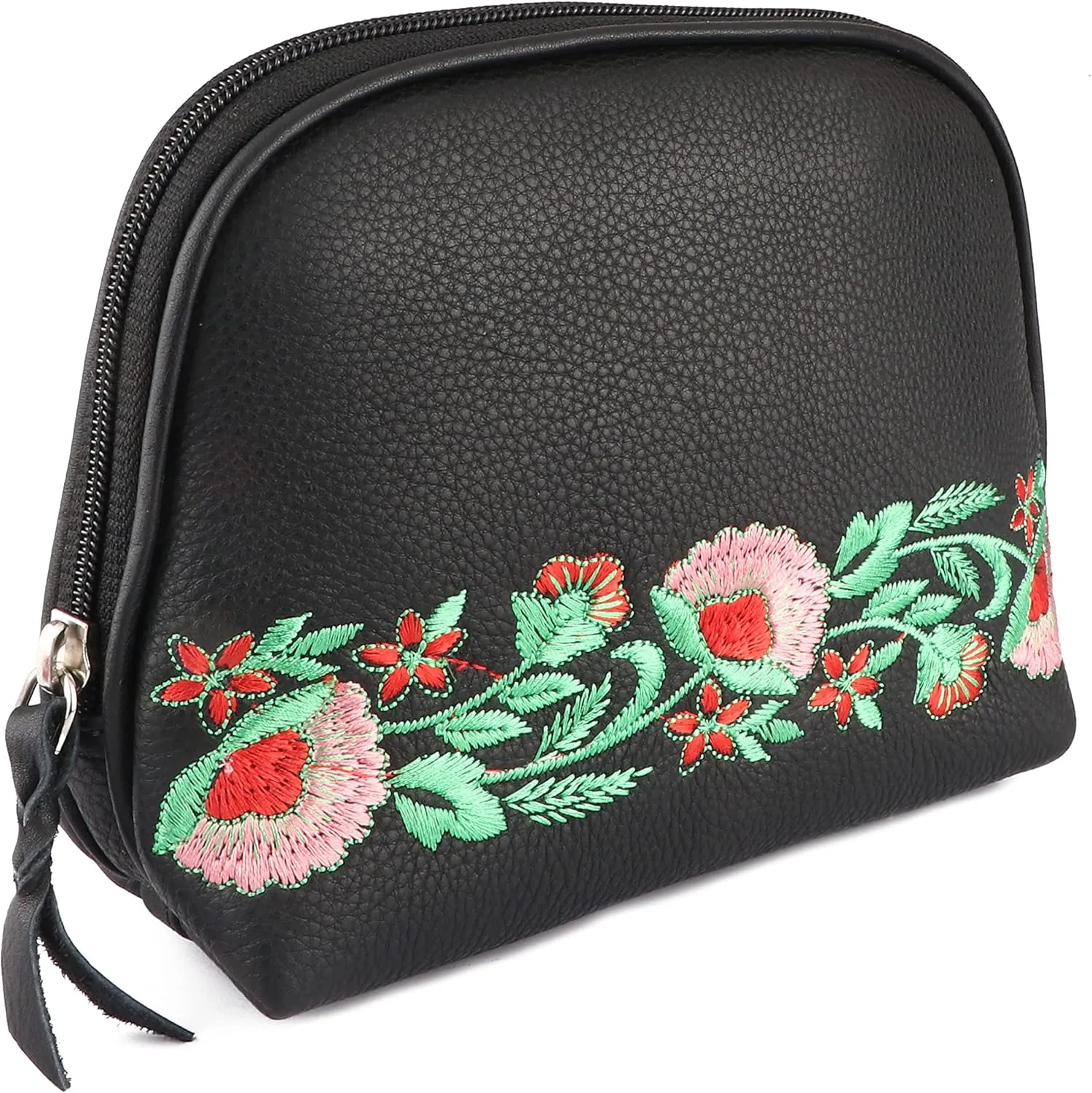 CHALLENGER Women's Black Leather Floral Embroidered Zippered Makeup Cosmetic Bag 18BT09BK