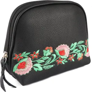 CHALLENGER Women's Black Leather Floral Embroidered Zippered Makeup Cosmetic Bag 18BT09BK