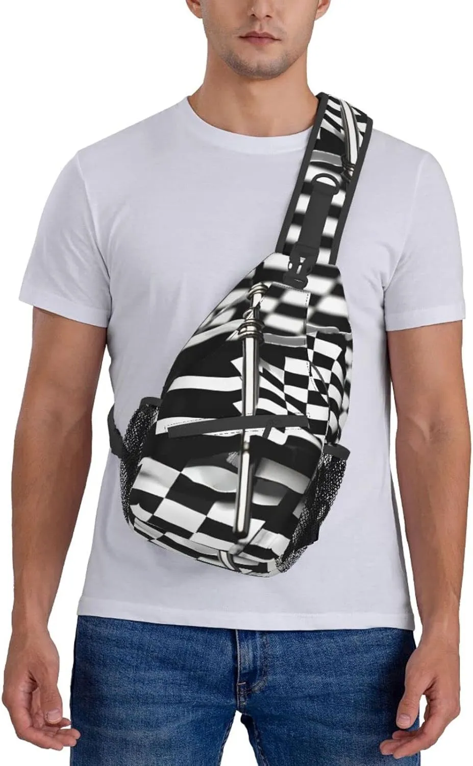 Checkered Flags Race Flags Print Sling Backpack, Sling Bag, Crossbody Chest Bag Daypack, for Hiking Travel
