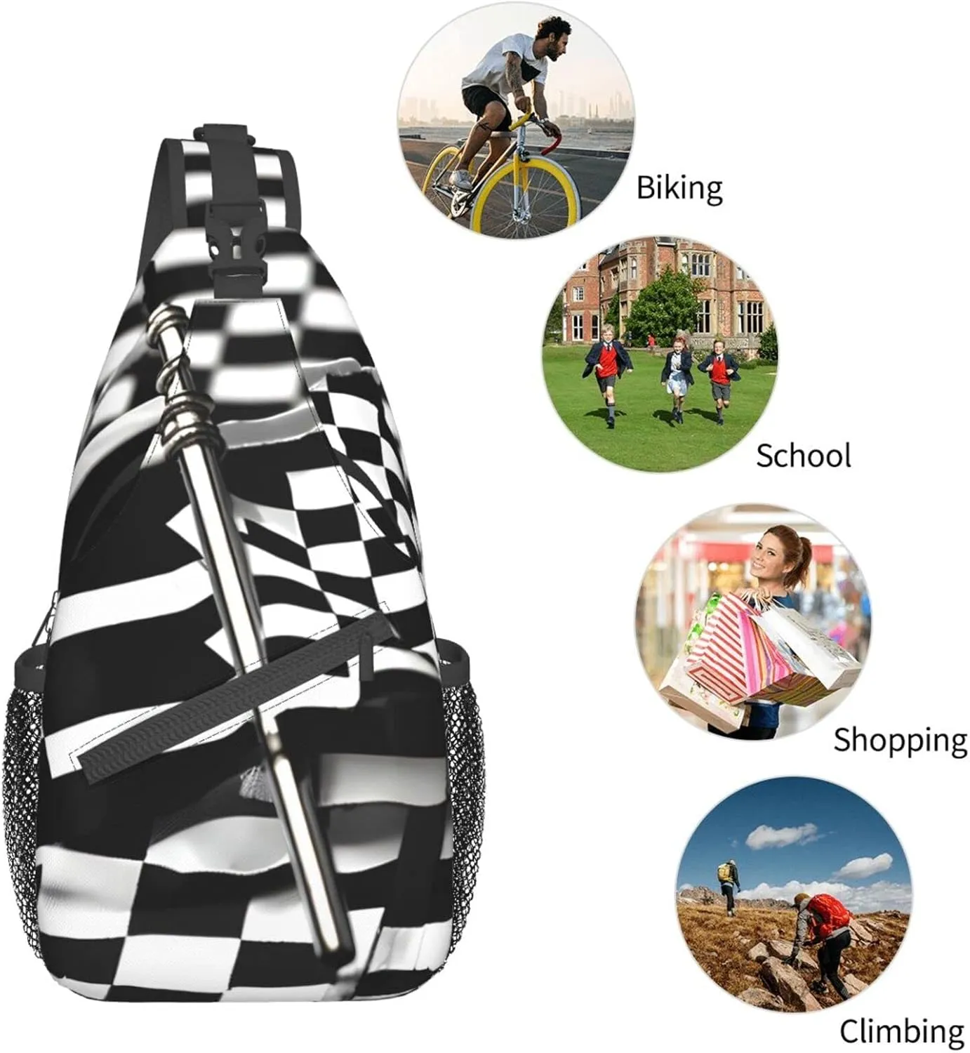 Checkered Flags Race Flags Print Sling Backpack, Sling Bag, Crossbody Chest Bag Daypack, for Hiking Travel