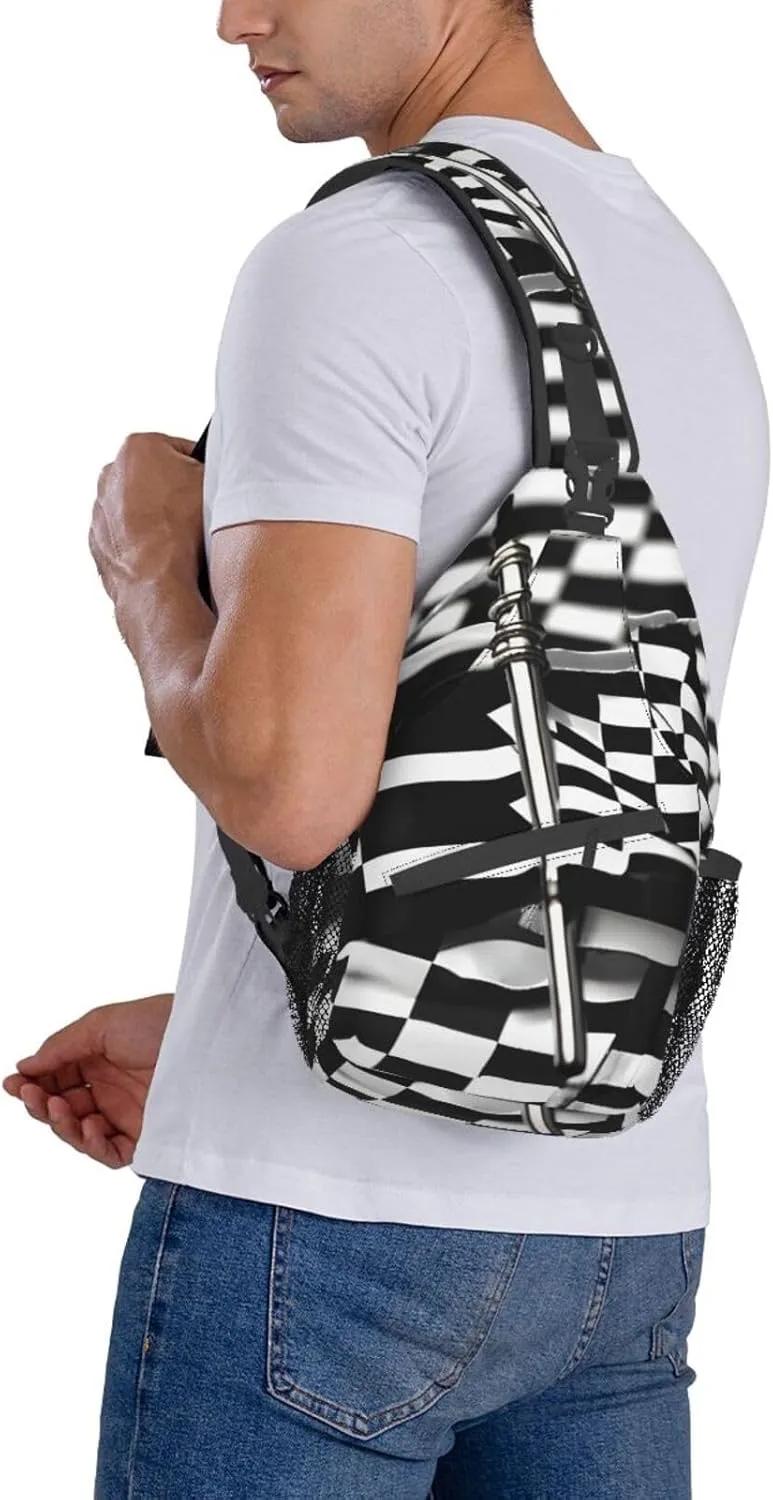 Checkered Flags Race Flags Print Sling Backpack, Sling Bag, Crossbody Chest Bag Daypack, for Hiking Travel