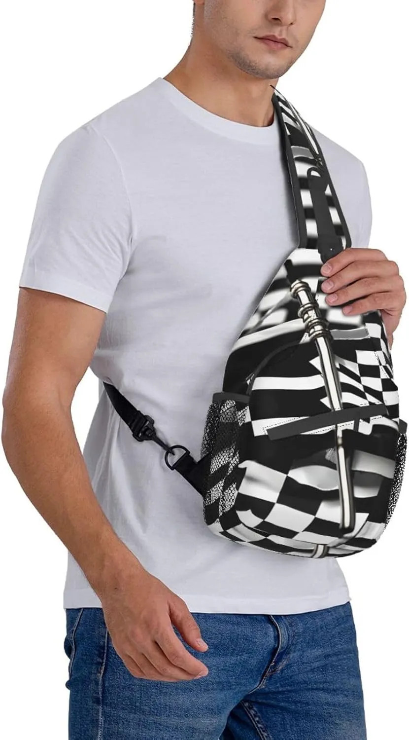 Checkered Flags Race Flags Print Sling Backpack, Sling Bag, Crossbody Chest Bag Daypack, for Hiking Travel