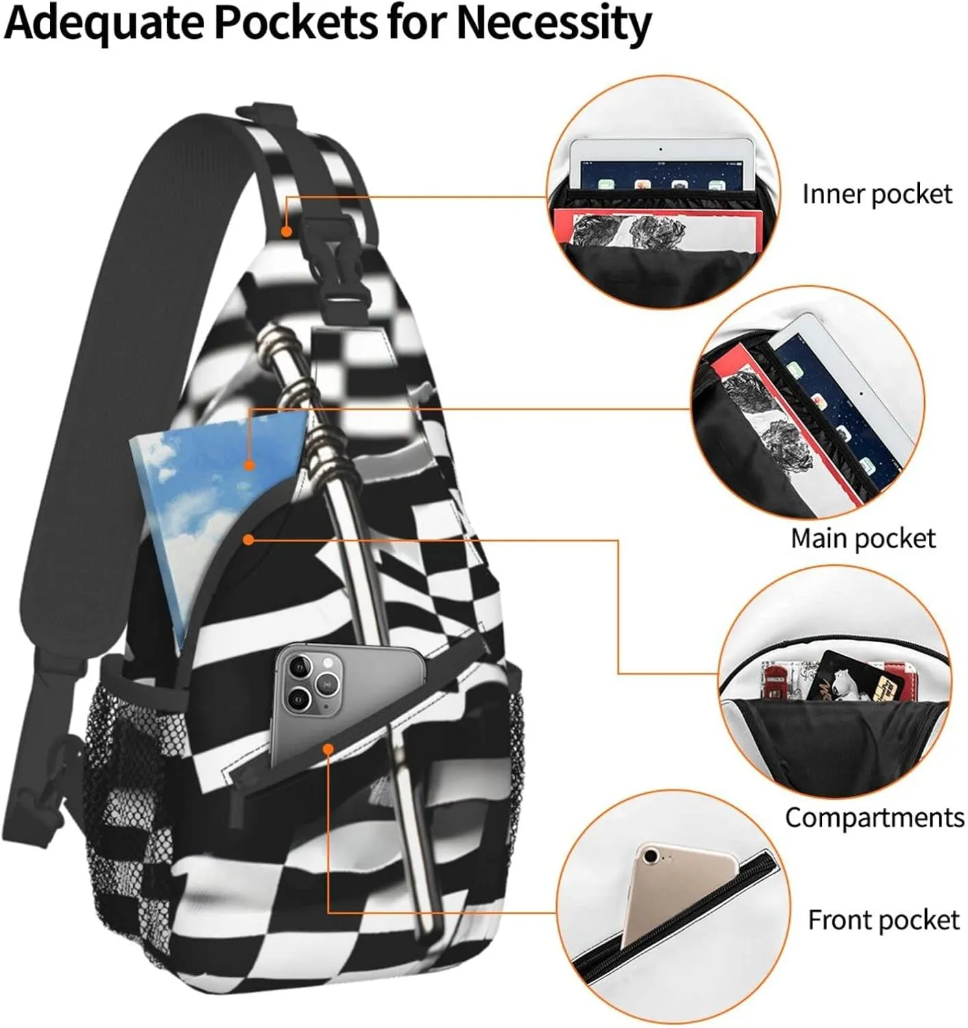 Checkered Flags Race Flags Print Sling Backpack, Sling Bag, Crossbody Chest Bag Daypack, for Hiking Travel