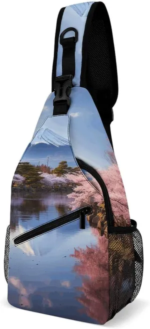 Cherry Blossom Trees Sling Bag with Rfid Blocking Causal Mens Crossbody Bag Lightweight Chest Pack Large Man Purse Travel Crossbody Backpack Shoulder Sling Backpack for Hiking Running Cycling
