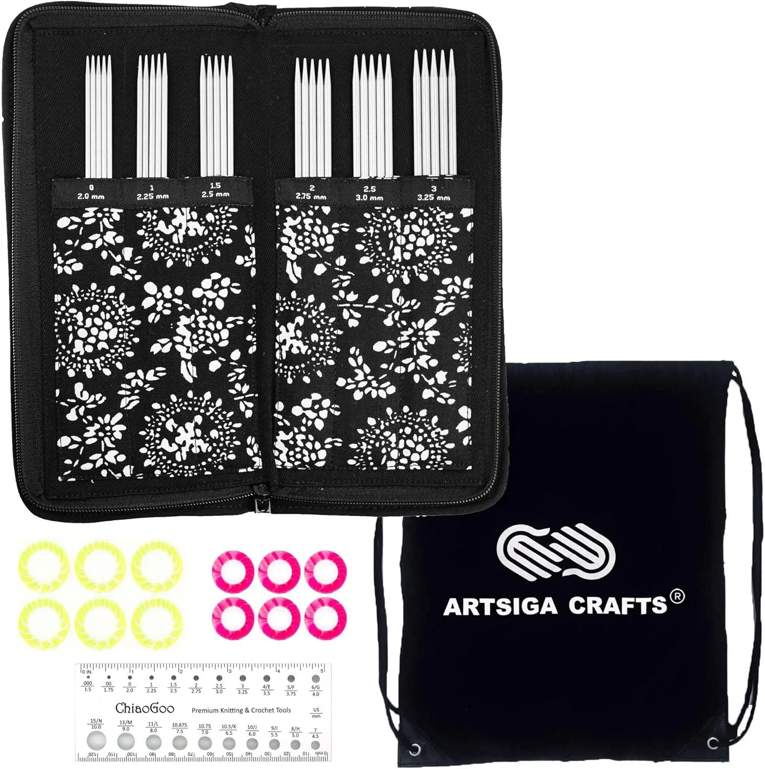 ChiaoGoo Twist Red Lace 6-Inch 6600 DPN Double Pointed Sock Knitting Needle Set, Sizes US 0, 1, 1.5, 2, 2.5, 3, Stainless Steel, Stitch Markers, Needle Gauge with Project Bag