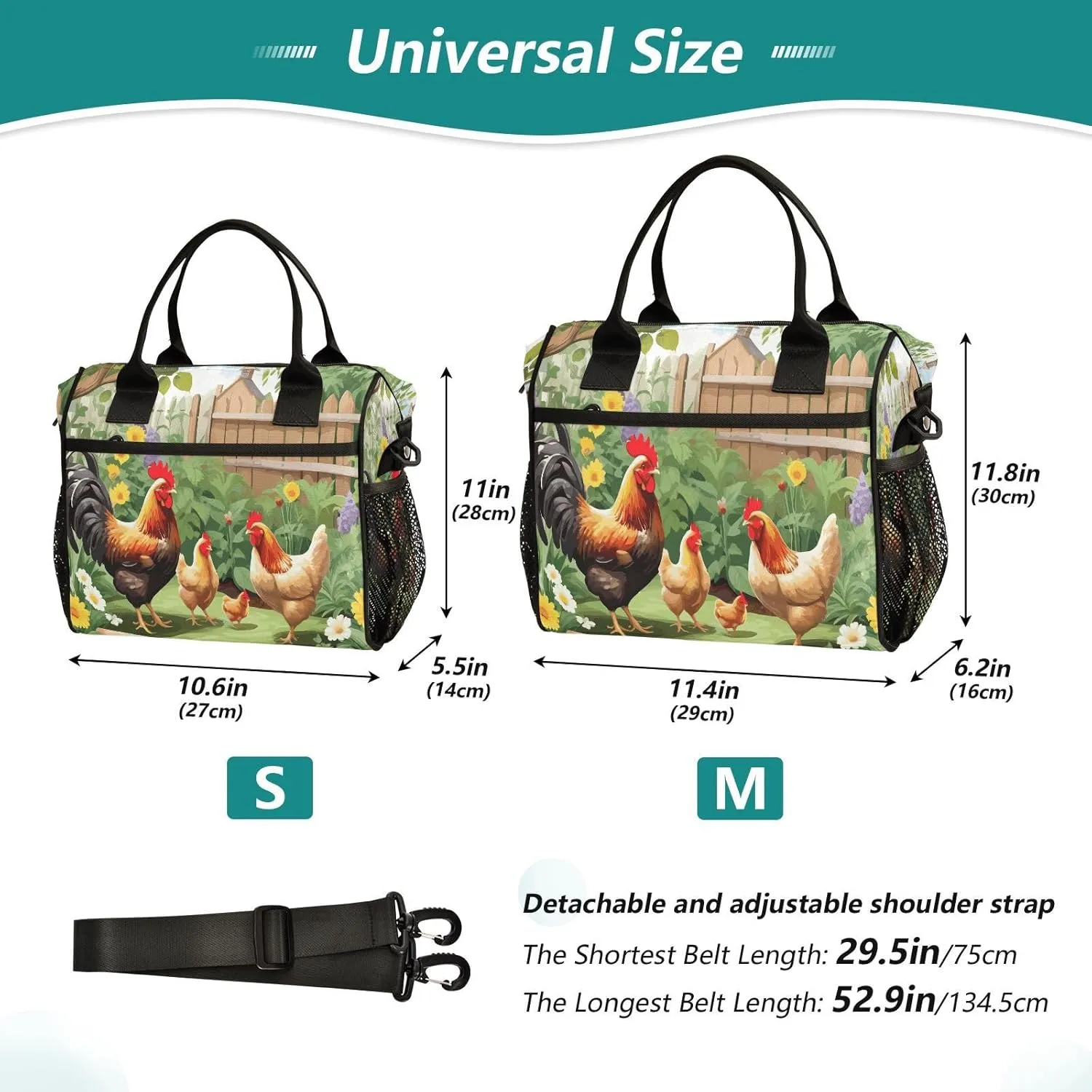 Chicken Bird Theme Insulated Lunch Bag for Women Men Reusable Lunch Tote Bag Cooler Bag Leakproof Lunch Box with Adjustable Shoulder Strap for Work Picnic Camping,M, Medium