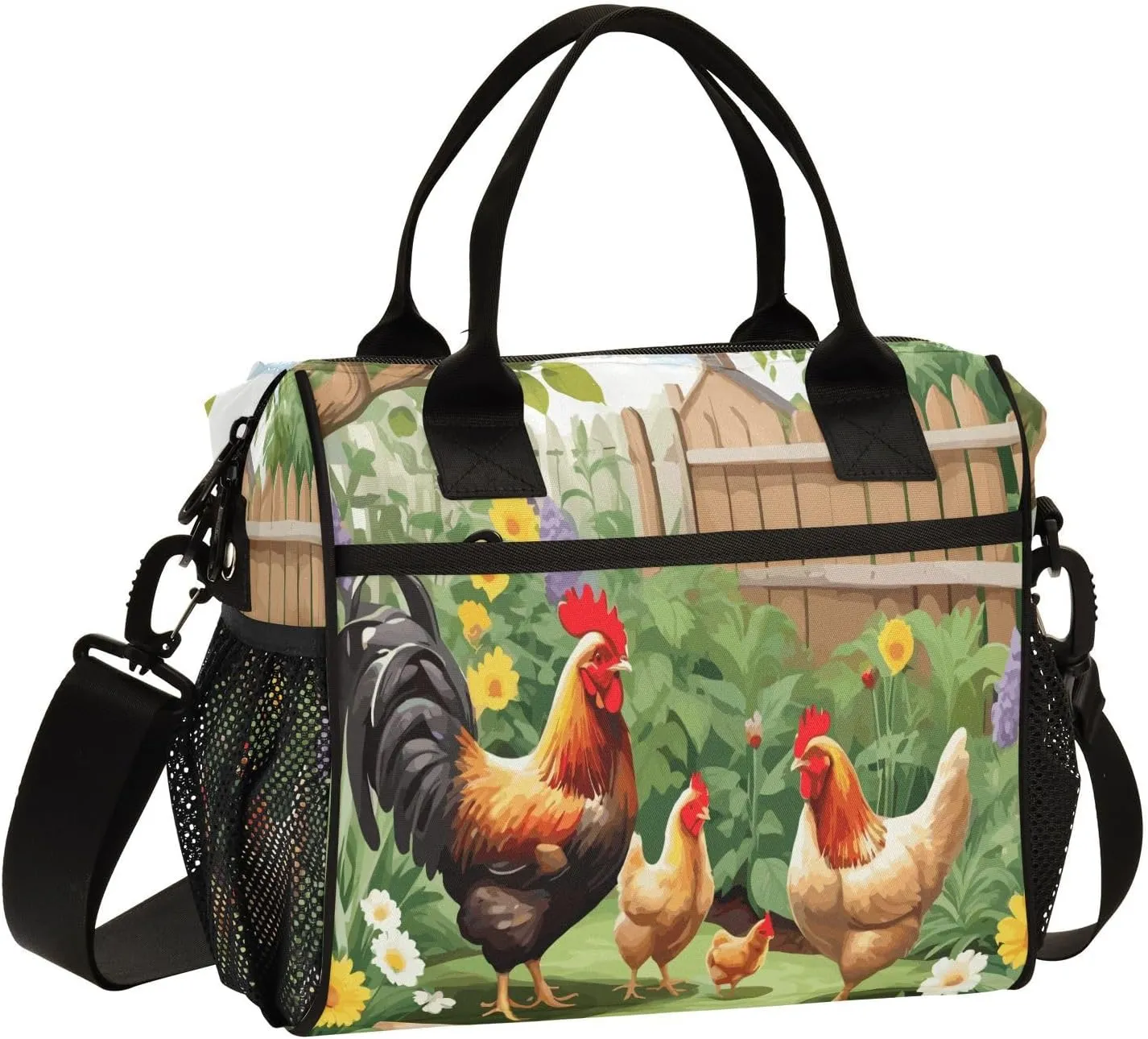 Chicken Bird Theme Insulated Lunch Bag for Women Men Reusable Lunch Tote Bag Cooler Bag Leakproof Lunch Box with Adjustable Shoulder Strap for Work Picnic Camping,M, Medium