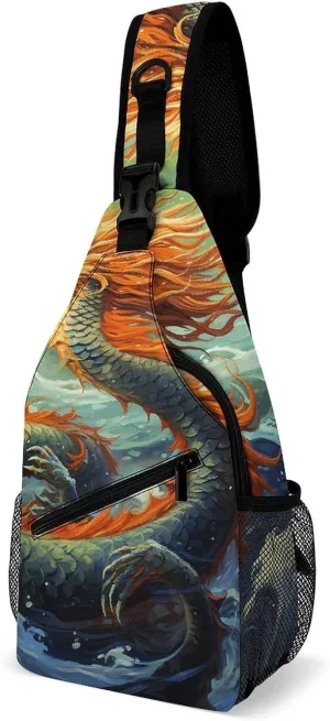 Chinese Dragon Oil Painting Sling Bag with Rfid Blocking Causal Mens Crossbody Bag Lightweight Chest Pack Large Man Purse Travel Crossbody Backpack Shoulder Sling Backpack for Hiking Running Cycling