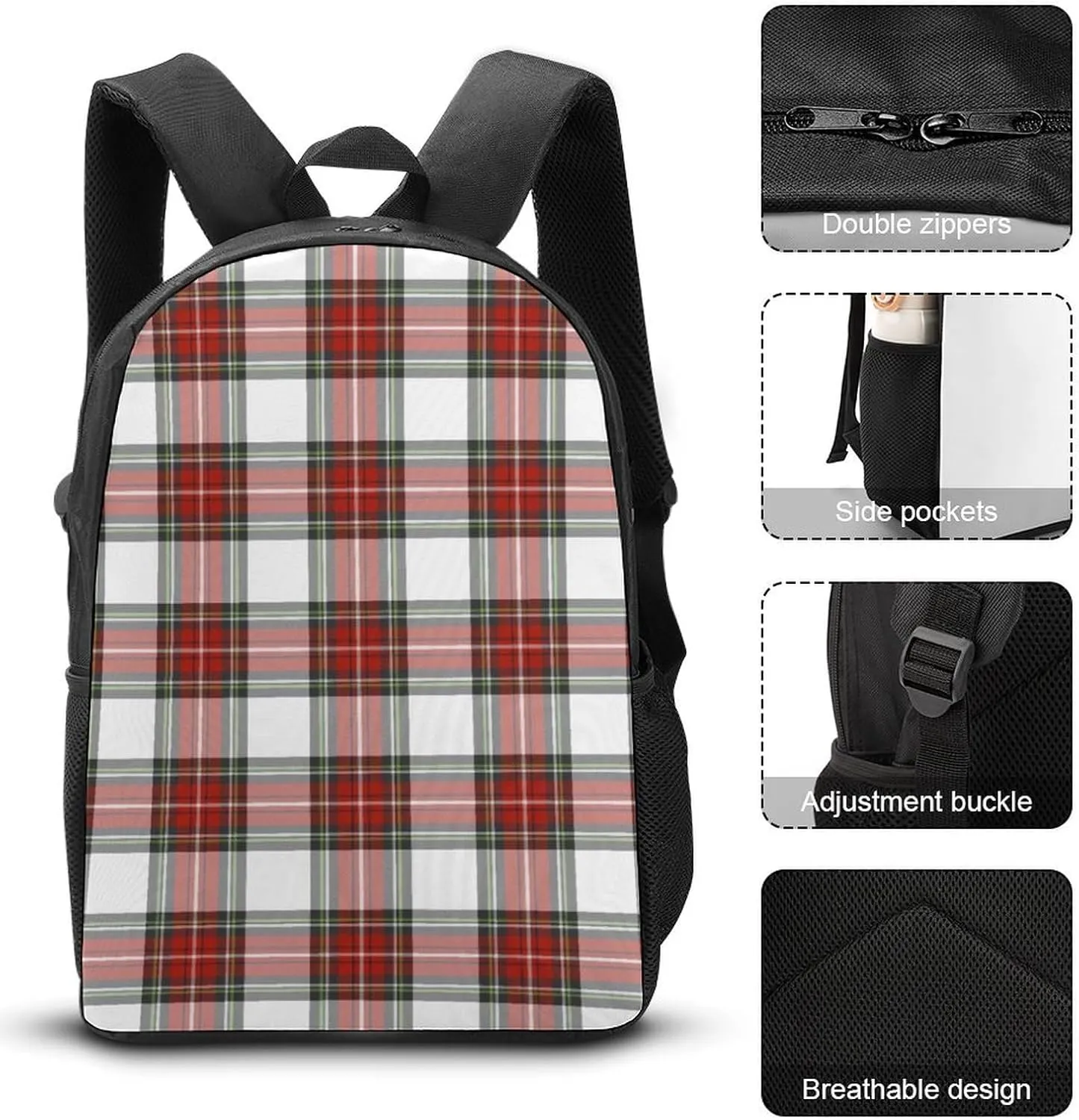 Christmas Grid Red Grid 17 Inch Backpack Diagonal Lunch Bag Pencil Case Set Unisex