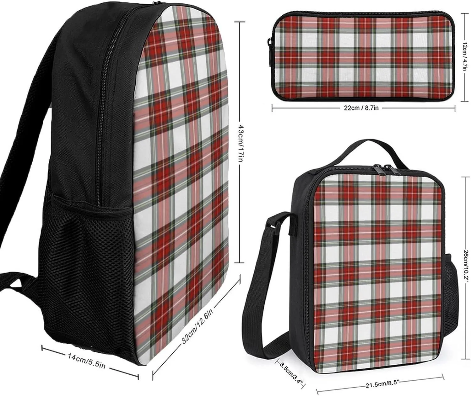 Christmas Grid Red Grid 17 Inch Backpack Diagonal Lunch Bag Pencil Case Set Unisex