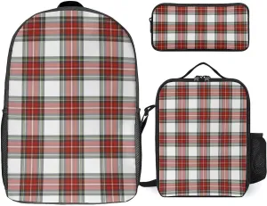 Christmas Grid Red Grid 17 Inch Backpack Diagonal Lunch Bag Pencil Case Set Unisex