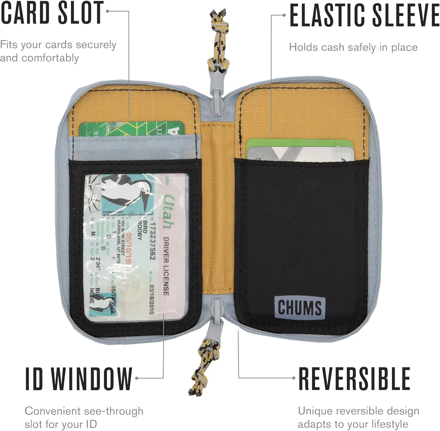 Chums Reversi Polyester Wallet – Reversible Zippered Pouch for Men and Women (Black)