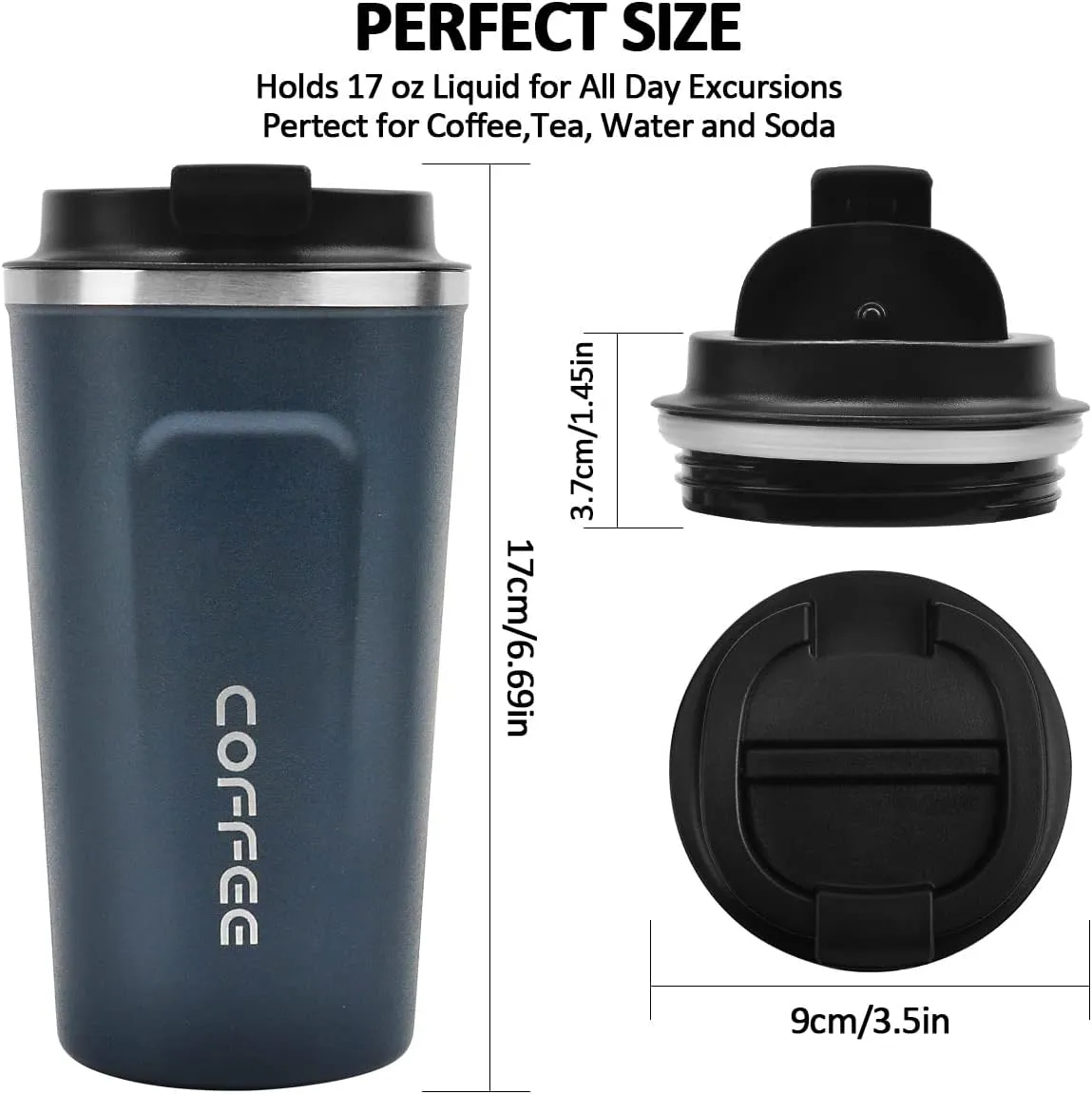 Coffee Mug 17oz - Insulated Coffee Travel Mug Spill Proof with Leakproof Lid Vacuum Stainless Steel Thermos Coffee Tumblers to GO, Reusable Coffee Cup for Men and Women for Hot & Cold Drinks (Blue)