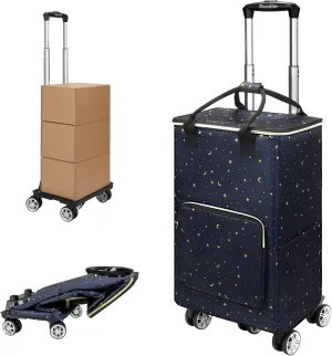 Collapsible Shopping Cart with Insulated Bag: Rolling Cart on Swivel Wheels for Grocery Laundry(Stars)