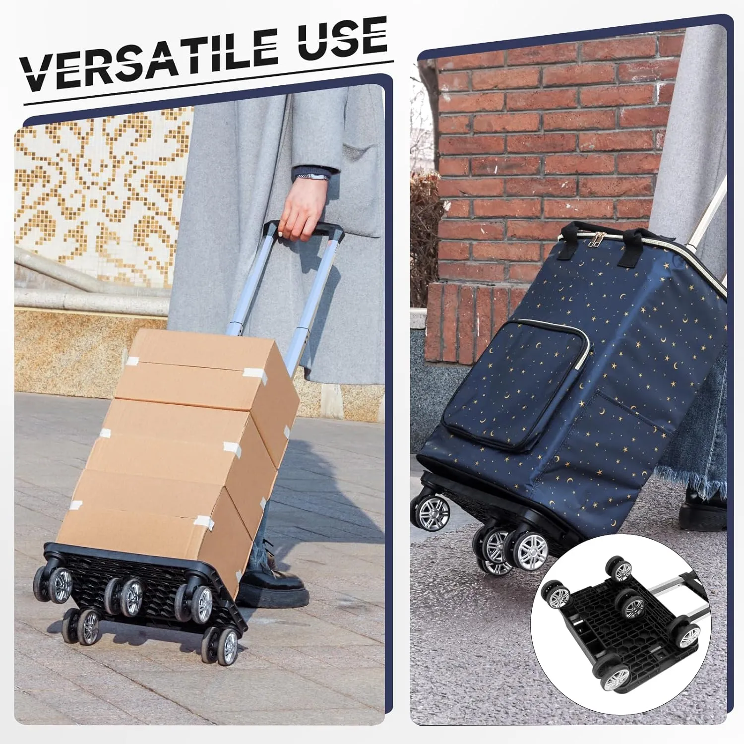 Collapsible Shopping Cart with Insulated Bag: Rolling Cart on Swivel Wheels for Grocery Laundry(Stars)