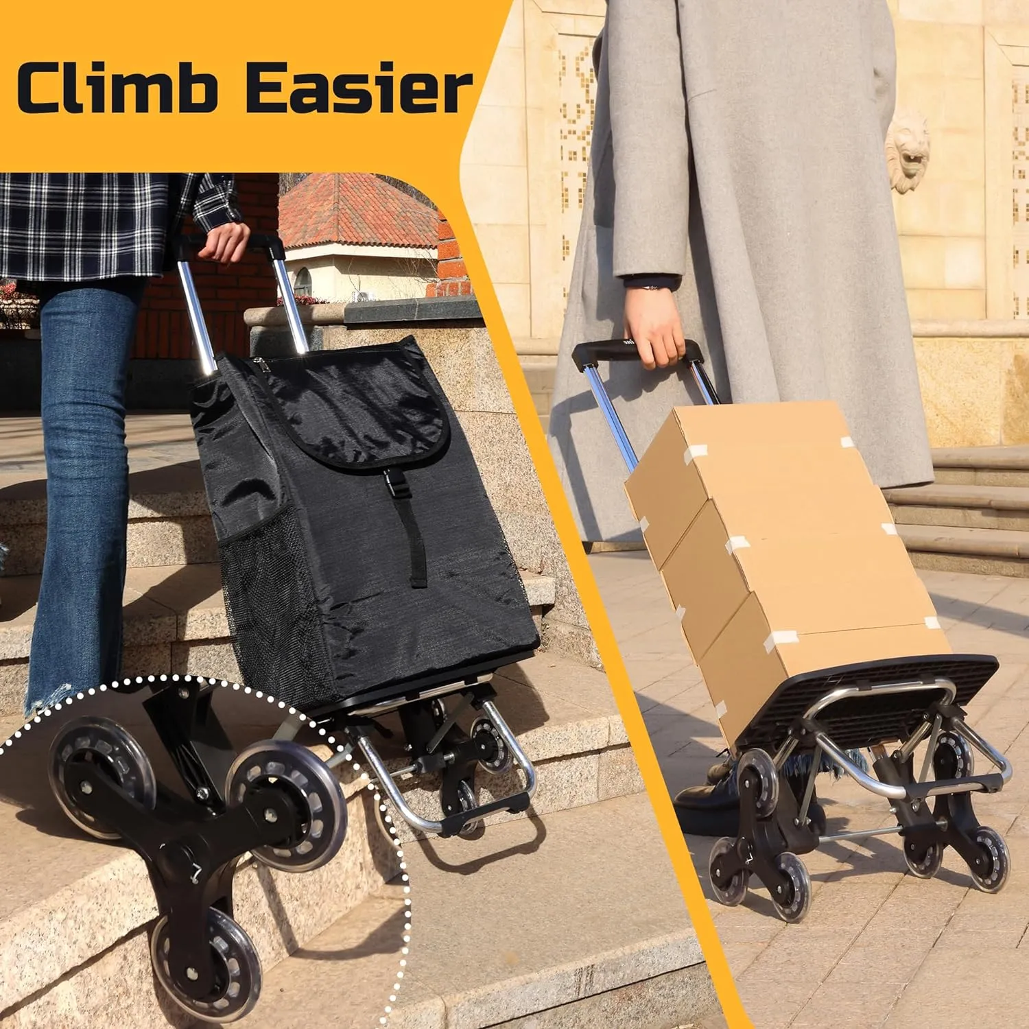 Collapsible Stair Climbing Shopping Cart: Trolley Cart with Insulated Bag for Grocery Laundry