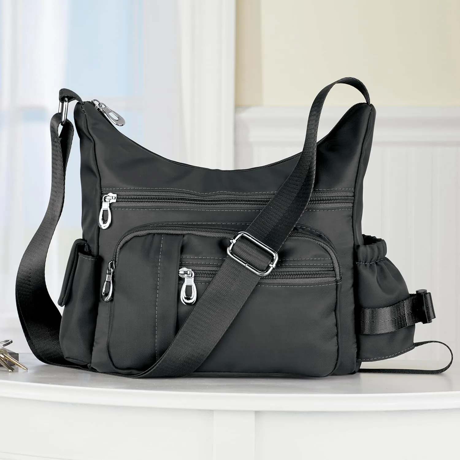 Collections Etc Adjustable Strap Multi Zippered Pocket Handbag