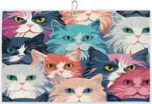 Colorful Cat Golf Towel with Heavy Duty Carabiner Clip Quick Dry Ultra Absorbent Club Ball Cleaning Towel Golf Accessories for Men Women