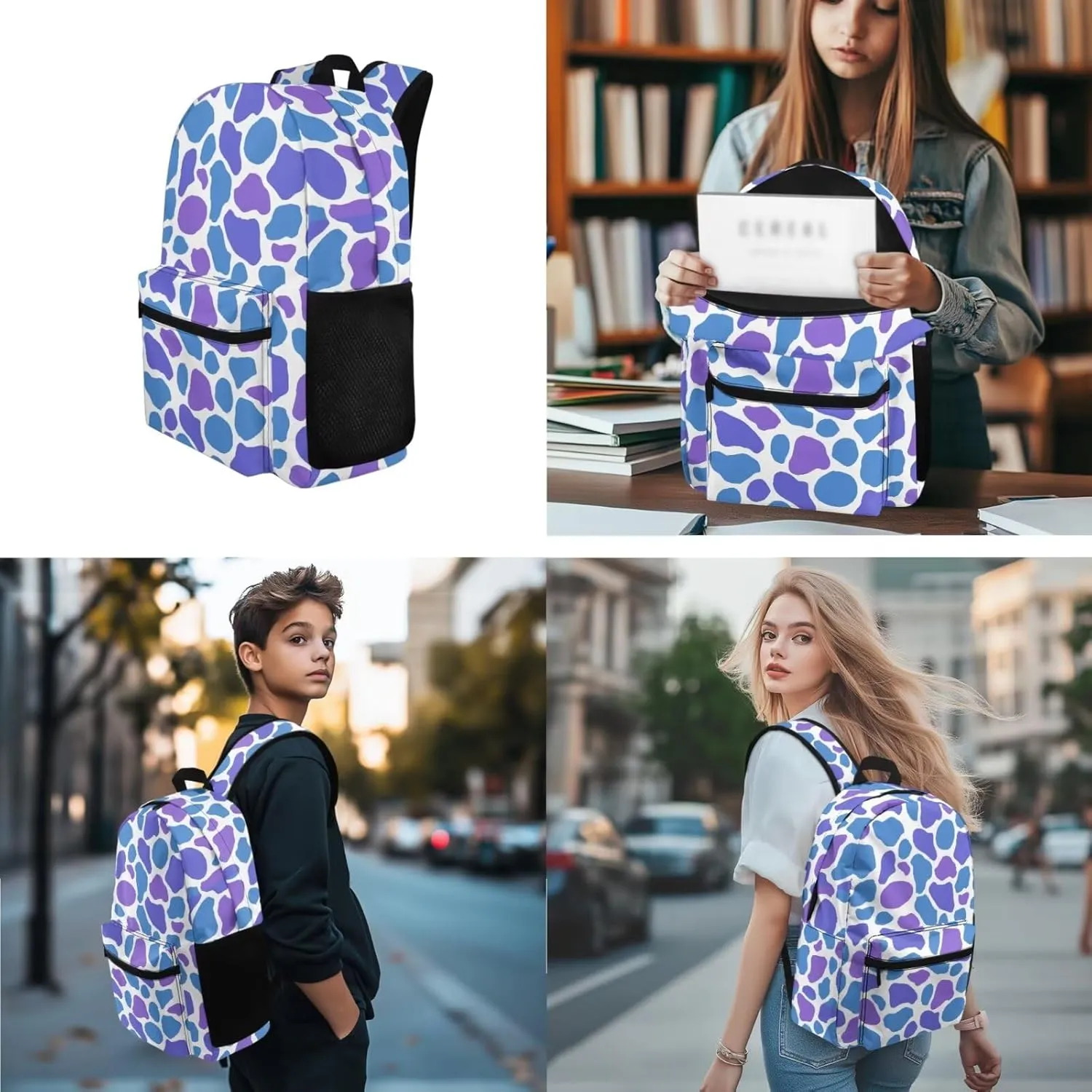 Colorful Cow Prints Backpack for Girls Boys School Bag Grade 1 Lightweight Cute Bookbag and Lunch Box Set 3 in 1 Kindergarten Elementary Backpack Set