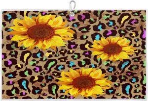Colorful Leopard Print Sunflower Golf Towel with Heavy Duty Carabiner Ultra Absorbent Quick Dry Perfect for Cleaning Clubs Balls Gear Essential Golf Accessory for Men Women Kids