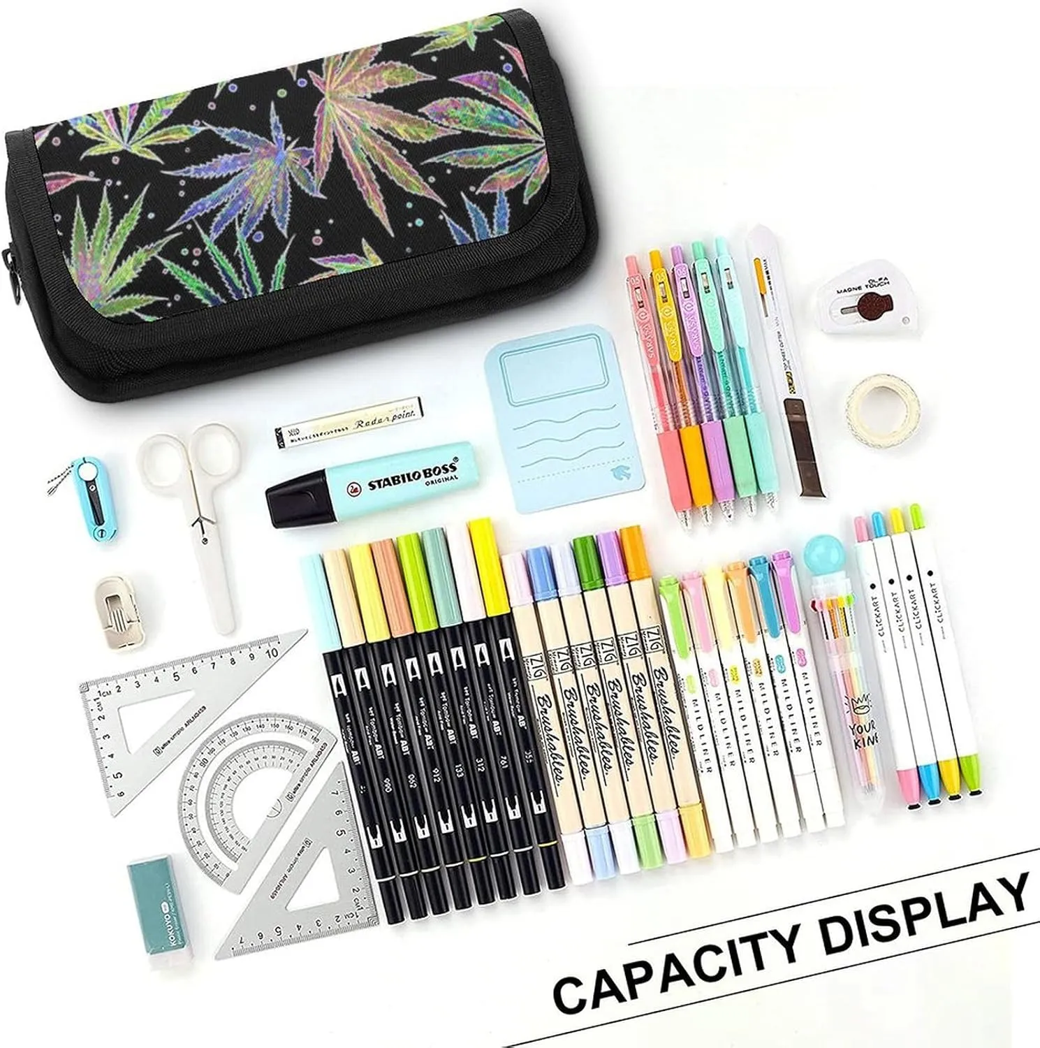 Colorful Neon Pot Leaf Weeds Party Double Layer Zippered Pencil Case for Large Capacity Office Stationery Bag