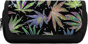 Colorful Neon Pot Leaf Weeds Party Double Layer Zippered Pencil Case for Large Capacity Office Stationery Bag