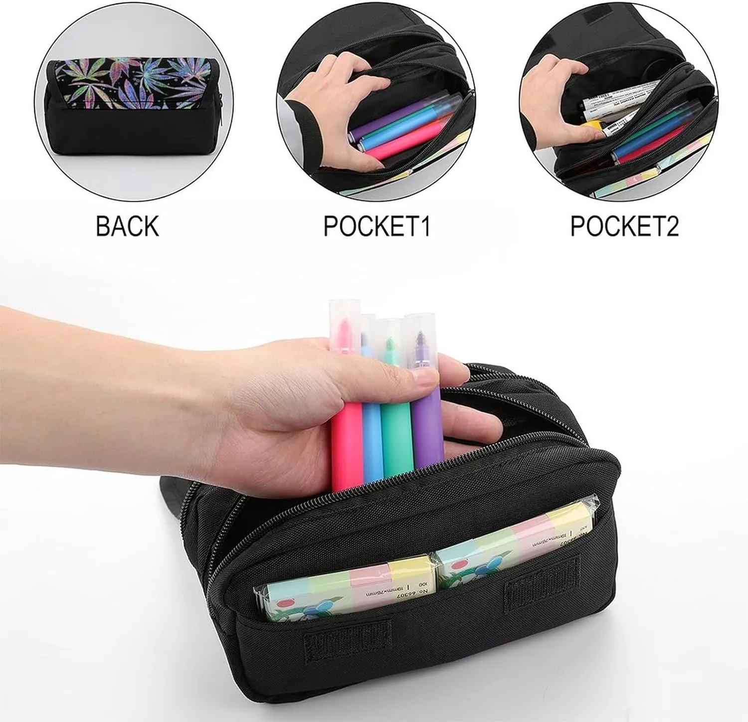 Colorful Neon Pot Leaf Weeds Party Double Layer Zippered Pencil Case for Large Capacity Office Stationery Bag