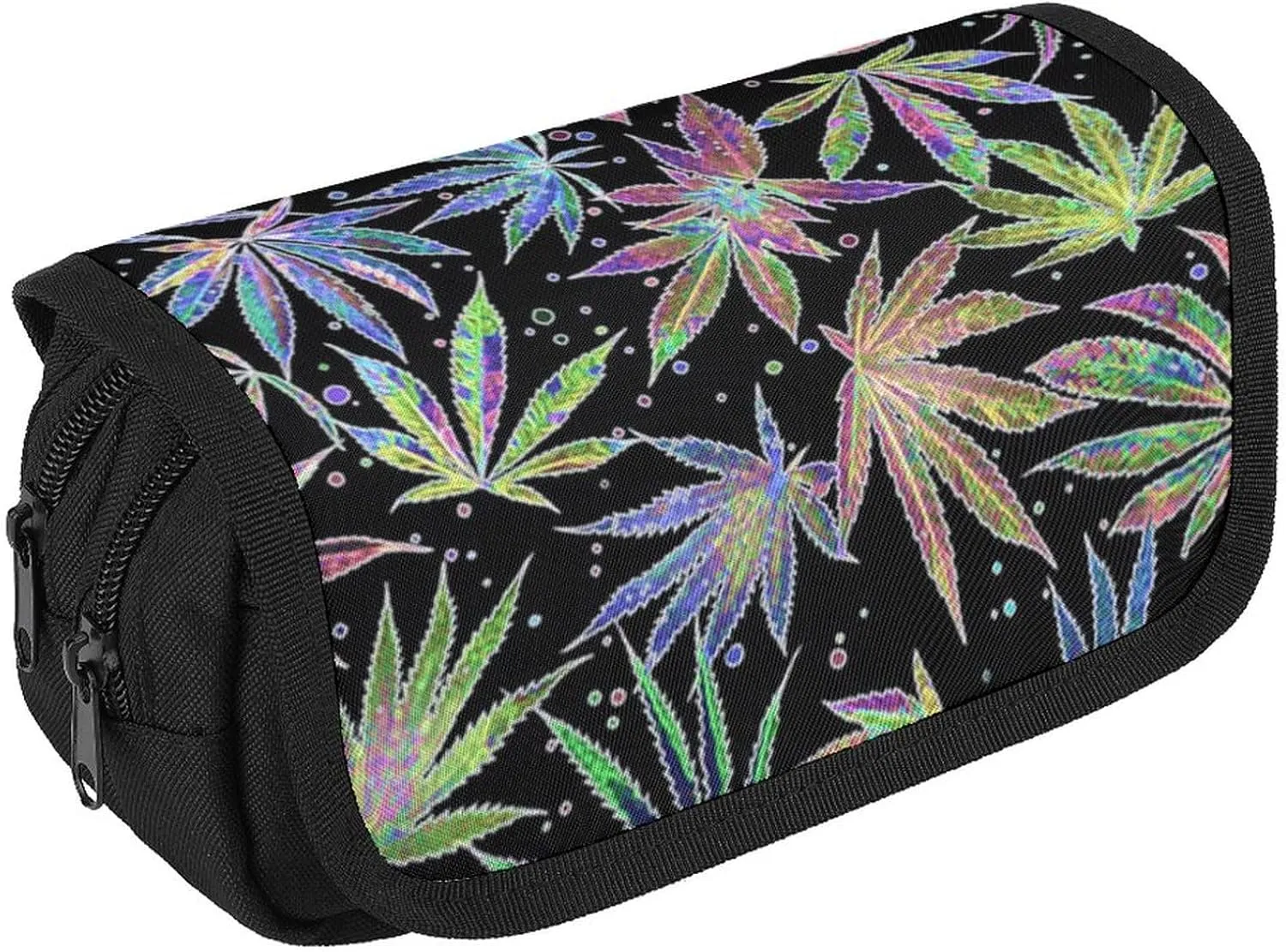 Colorful Neon Pot Leaf Weeds Party Double Layer Zippered Pencil Case for Large Capacity Office Stationery Bag