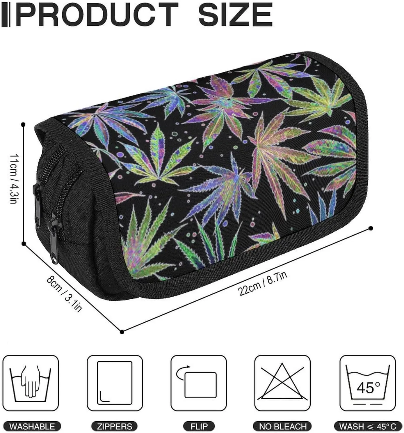 Colorful Neon Pot Leaf Weeds Party Double Layer Zippered Pencil Case for Large Capacity Office Stationery Bag