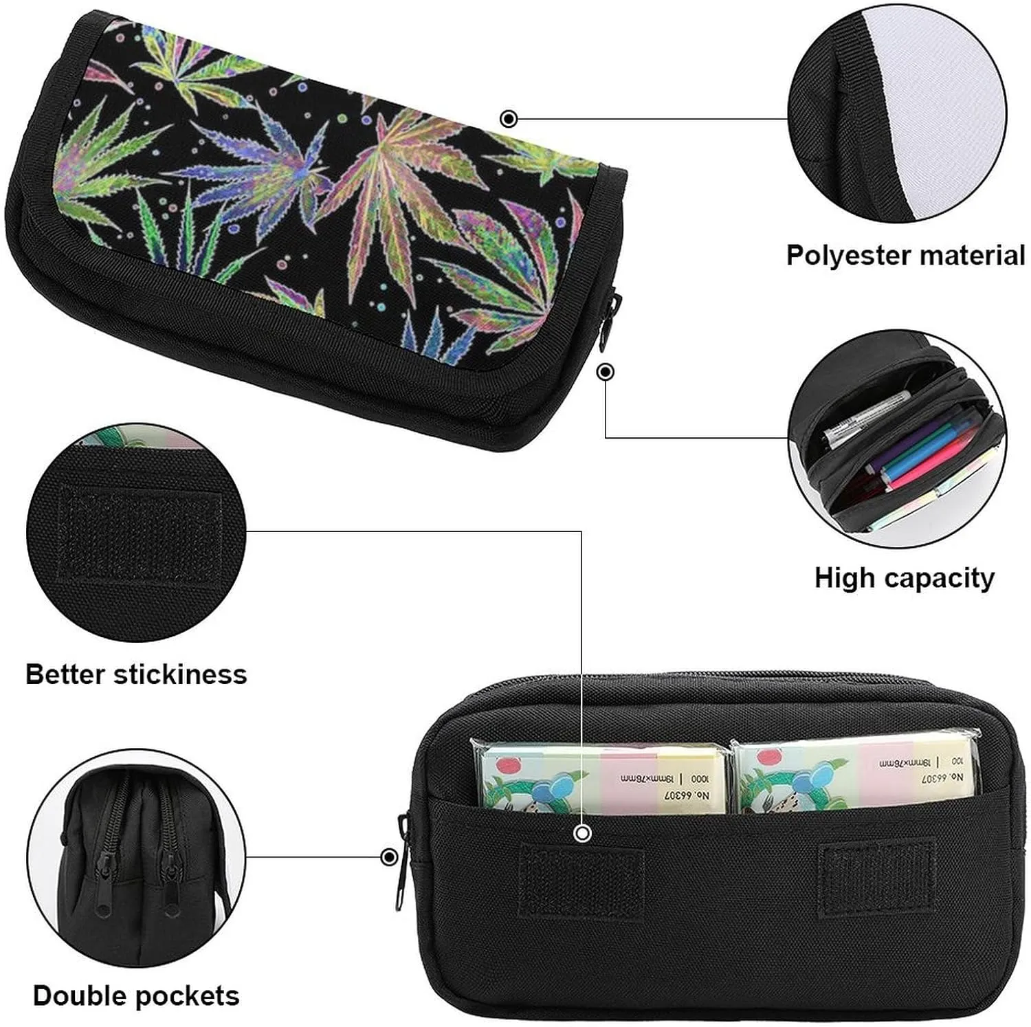 Colorful Neon Pot Leaf Weeds Party Double Layer Zippered Pencil Case for Large Capacity Office Stationery Bag
