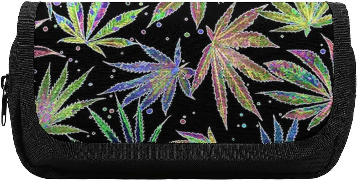 Colorful Neon Pot Leaf Weeds Party Double Layer Zippered Pencil Case for Large Capacity Office Stationery Bag