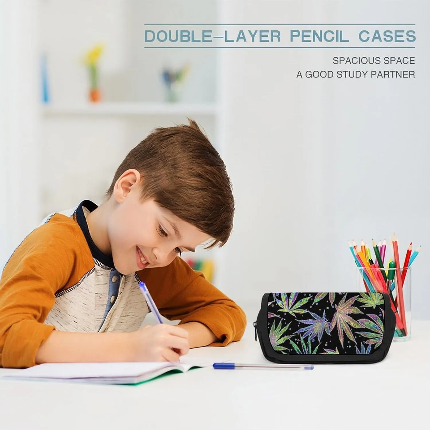 Colorful Neon Pot Leaf Weeds Party Double Layer Zippered Pencil Case for Large Capacity Office Stationery Bag