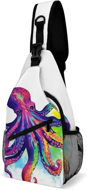 Colorful Octopus Sling Bag with Rfid Blocking Causal Mens Crossbody Bag Lightweight Chest Pack Large Man Purse Travel Crossbody Backpack Shoulder Sling Backpack for Hiking Running Cycling