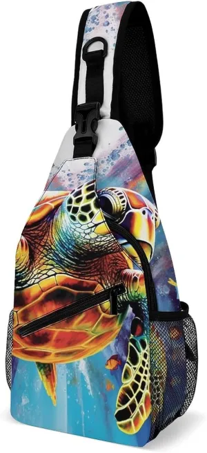 Colorful Sea Turtle Sling Bag with Rfid Blocking Causal Mens Crossbody Bag Lightweight Chest Pack Large Man Purse Travel Crossbody Backpack Shoulder Sling Backpack for Hiking Running Cycling